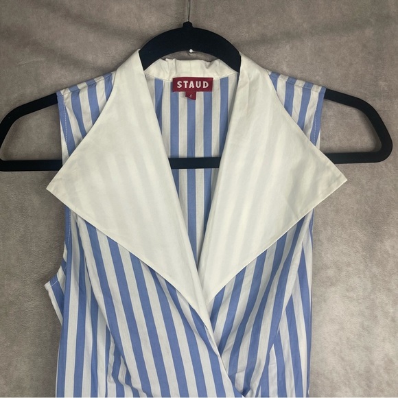 STAUD Cotton Poplin Stripe Faux Wrap Maxi Dress In Blue Women's Size 4 - Picture 3 of 9